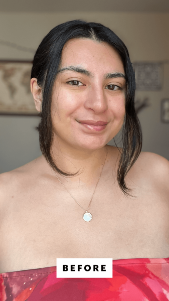 Hussein before using The Beachwaver Co.'s B1 Rotating Curling Iron